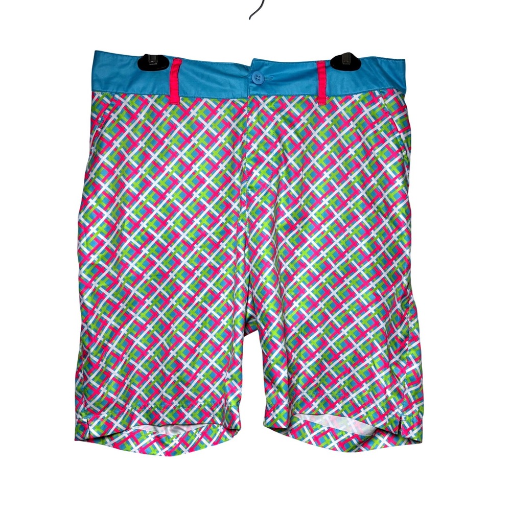 Birdies and Bows Golf Shorts Women Sz 14 Pink‎ Blue Green Plaid Performance